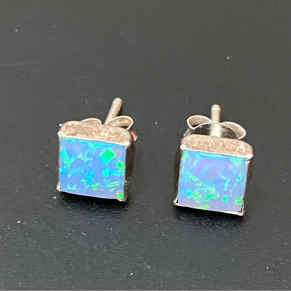 925 Sterling Silver Blue Opal Square Small Stud Earrings - Picture 3 of 11